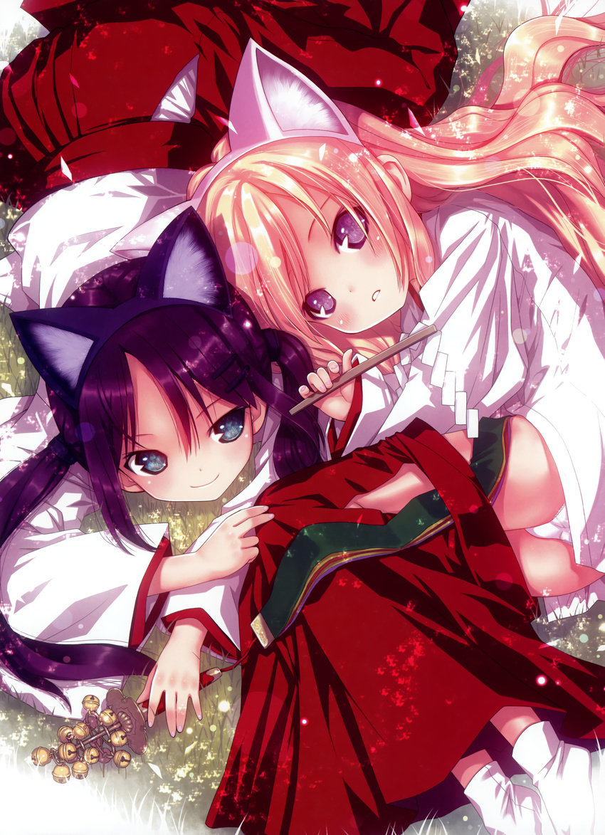 absurdres animal_ears aqua_eyes bell black_hair blonde_hair blue_eyes blush cat_ears child fetal_position gohei hakama highres japanese_clothes jingle_bell kagura_suzu kiira long_hair lying miko multiple_girls on_side on_stomach open_mouth original panties pantyshot pantyshot_(lying) red_hakama scan smile tabi twintails underwear undressing white_panties