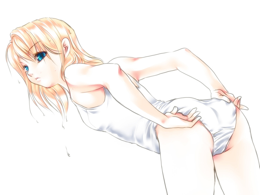 adjusting_clothes adjusting_swimsuit alternate_costume arms_behind_back ass bangs bent_over blonde_hair blue_eyes breasts closed_mouth cowboy_shot eyebrows eyebrows_visible_through_hair highres kagamine_rin looking_away nerisu one-piece_swimsuit simple_background small_breasts solo swimsuit vocaloid wet wet_hair white_background white_swimsuit