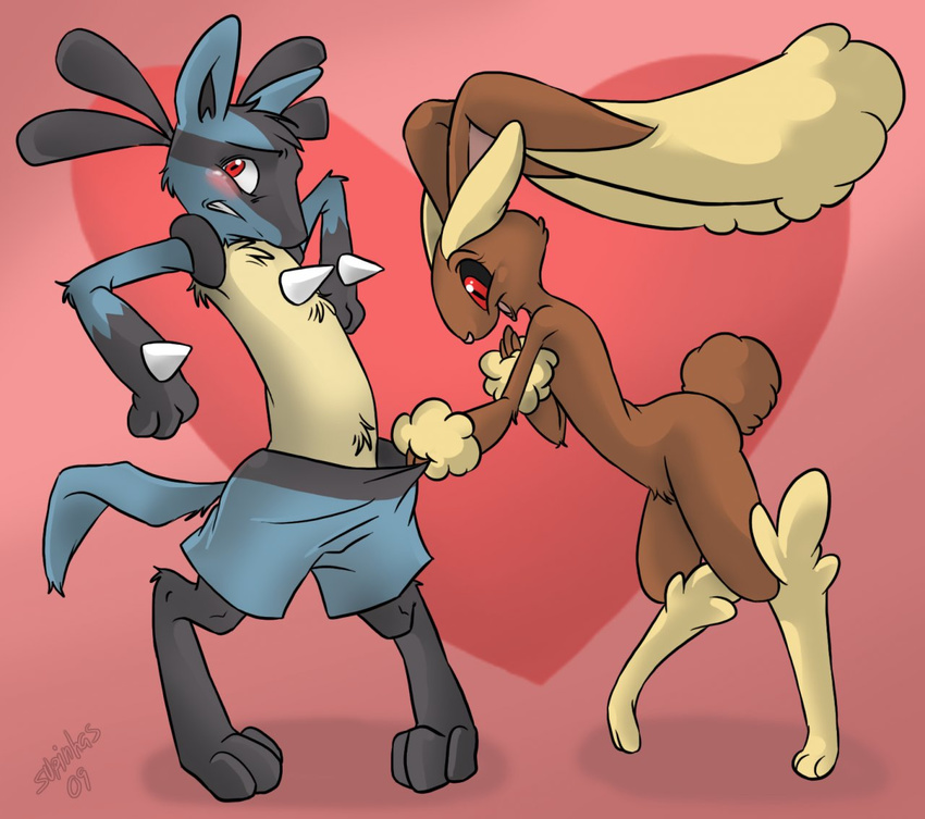 awkward blush female laugh look_what_we_have_here lopunny lucario male peeking pok&eacute;mon red_eyes supinhas