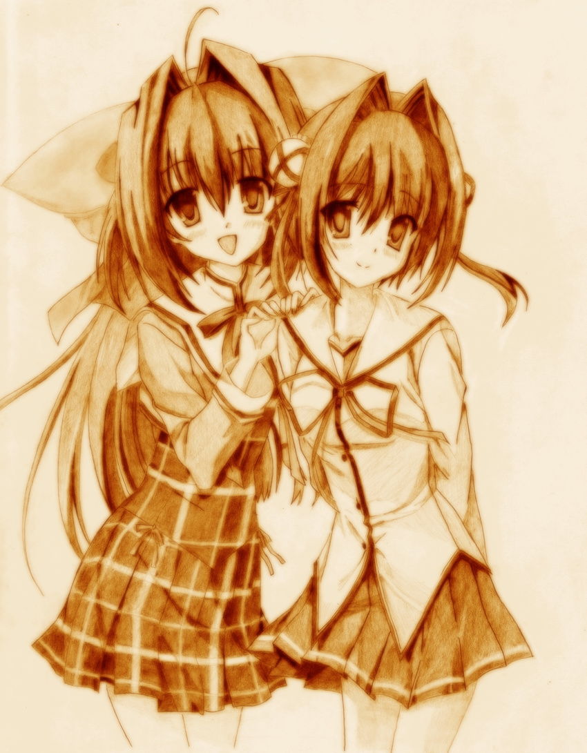 ahoge asakura_otome asakura_yume bad_id bad_pixiv_id bow da_capo da_capo_ii datougodees hair_bow hair_intakes highres monochrome multiple_girls school_uniform sepia sketch traditional_media