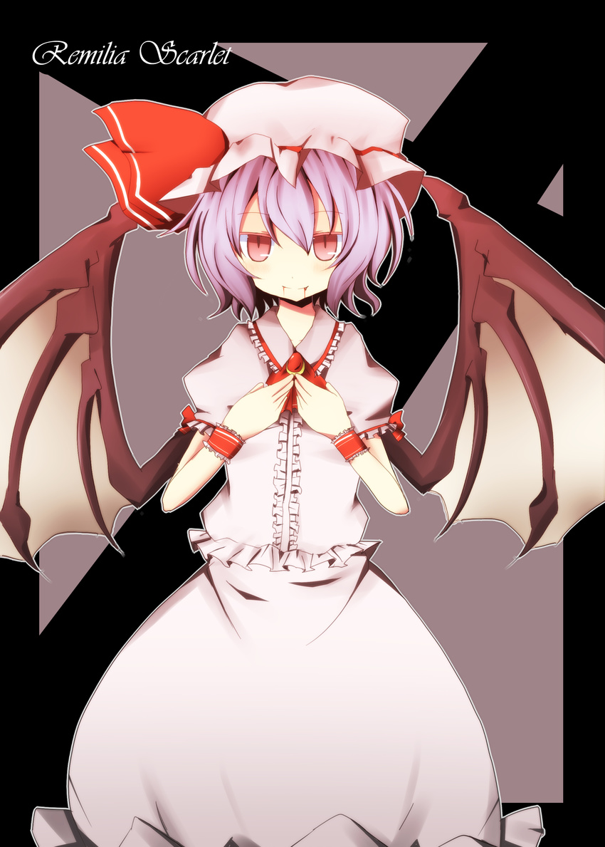 absurdres bad_id bad_pixiv_id bat_wings blood blood_in_mouth blood_on_face blue_hair character_name dress fang hands_on_own_chest hat highres pasutel pink_dress red_eyes remilia_scarlet smile solo touhou wings