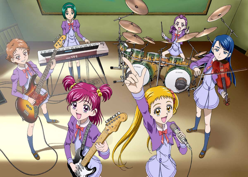 akimoto_komachi band bass_guitar bow_(instrument) classroom drum drum_set drumsticks electric_guitar eyelashes fender guitar instrument kasugano_urara_(yes!_precure_5) keyboard_(instrument) l'ecole_des_cinq_lumieres_school_uniform microphone milk_(yes!_precure_5) mimino_kurumi minazuki_karen multiple_girls music natsuhina natsuki_rin open_mouth playing_instrument precure purple_skirt school_uniform skirt smile stradivarius synthesizer two_side_up violin yamaha yes!_precure_5 yes!_precure_5_gogo! yumehara_nozomi