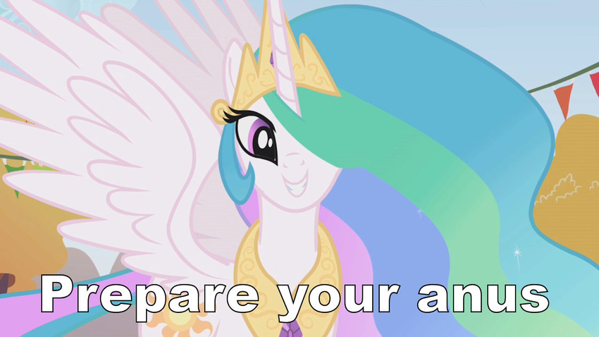 cutie_mark english_text equine female feral friendship_is_magic grin hair horn horns image_macro imminent_rape mammal multi-colored_hair my_little_pony pink_eyes prepare_your_anus princess_celestia_(mlp) rainbow_hair rape_face smile solo text unknown_artist winged_unicorn wings