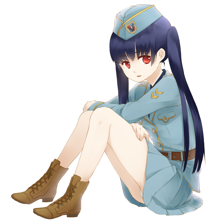black_hair boots female full_body hat highres long_hair military military_uniform open_mouth original panties pantyshot red_eyes sitting skirt solo twintails underwear uniform white_background white_panties