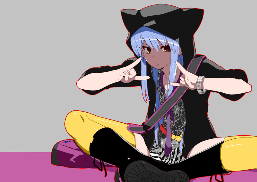 \n/ amatsuka_tsurara baby_princess blue_hair bracelet hood hooded_jacket hoodie indian_style jacket jewelry kusaka_souji nail_polish red_eyes sitting skirt solo thighhighs yellow_legwear