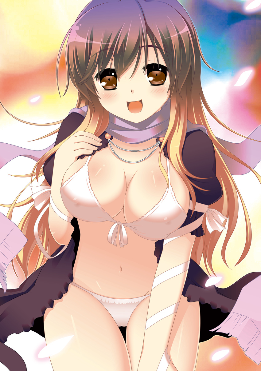 absurdres bikini blush breasts brown_eyes brown_hair cleavage covered_nipples cpu_(hexivision) dress front-tie_top gradient_hair highres hijiri_byakuren large_breasts long_hair looking_at_viewer multicolored_hair navel open_clothes open_dress open_mouth ribbon scarf shiny shiny_skin solo swimsuit thigh_gap touhou yellow_eyes