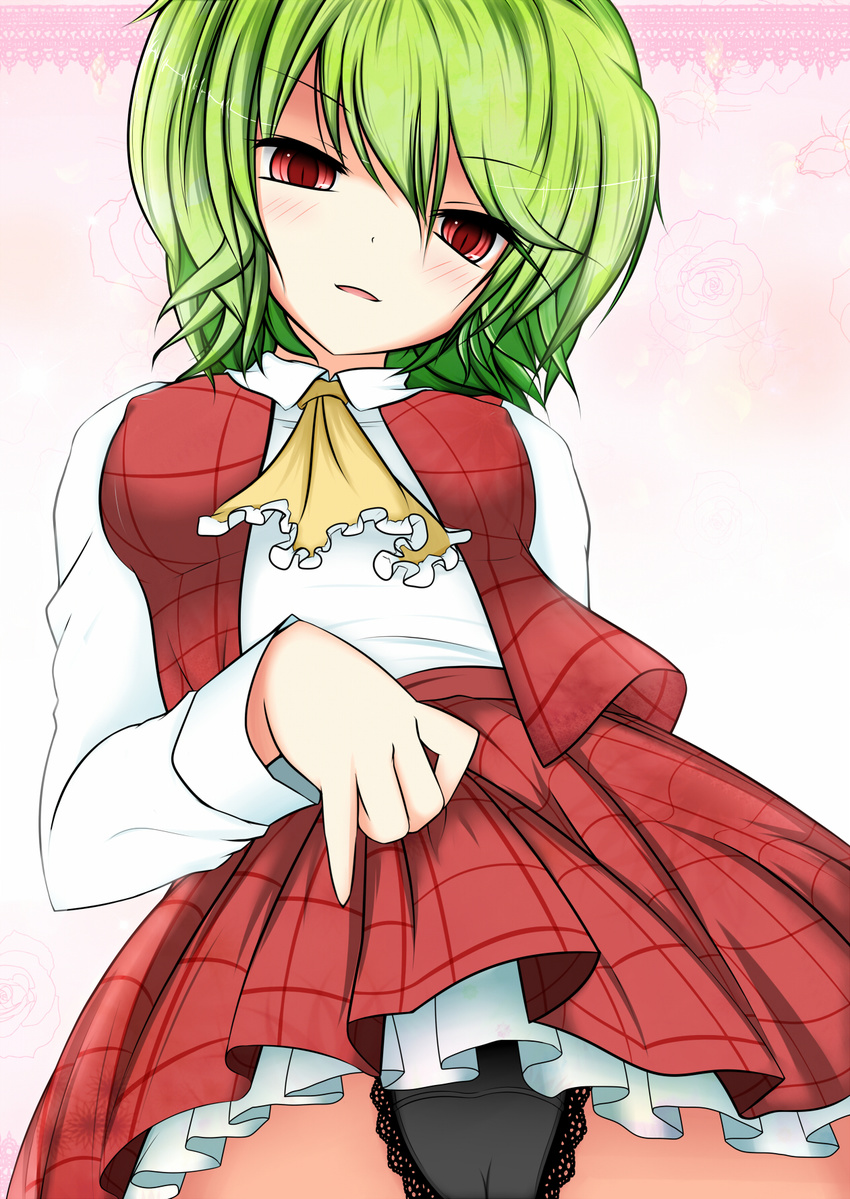 ascot bakko black_panties blush breasts cameltoe covered_nipples flower green_hair highres kazami_yuuka medium_breasts panties pinky_out plaid plaid_skirt plaid_vest red_eyes short_hair skirt skirt_lift skirt_set smile solo touhou underwear vest