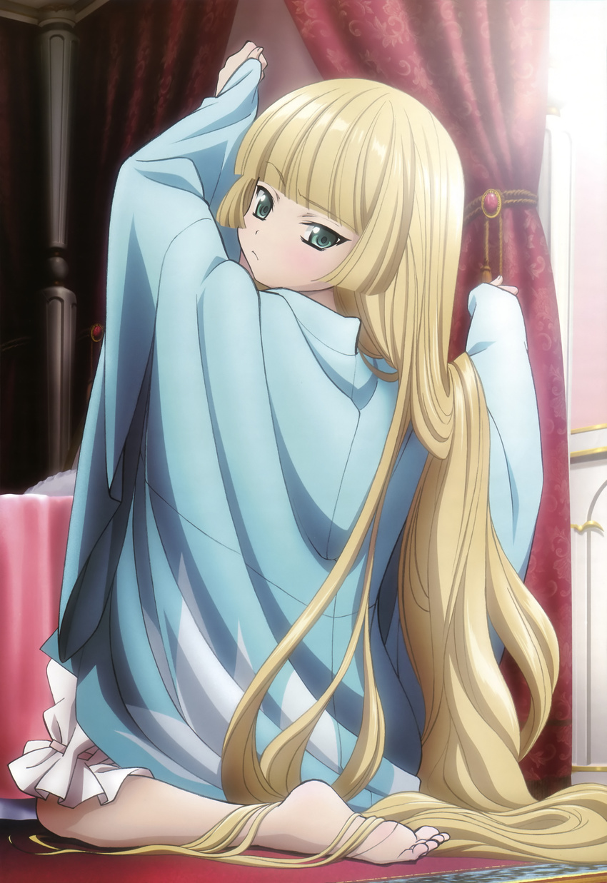 absurdres arms_up bangs barefoot bed blonde_hair bloomers blunt_bangs curtains feet gosick green_eyes highres japanese_clothes kimono kneeling long_hair looking_back non-web_source nyantype official_art saitou_eiko solo tsurime underwear very_long_hair victorica_de_blois