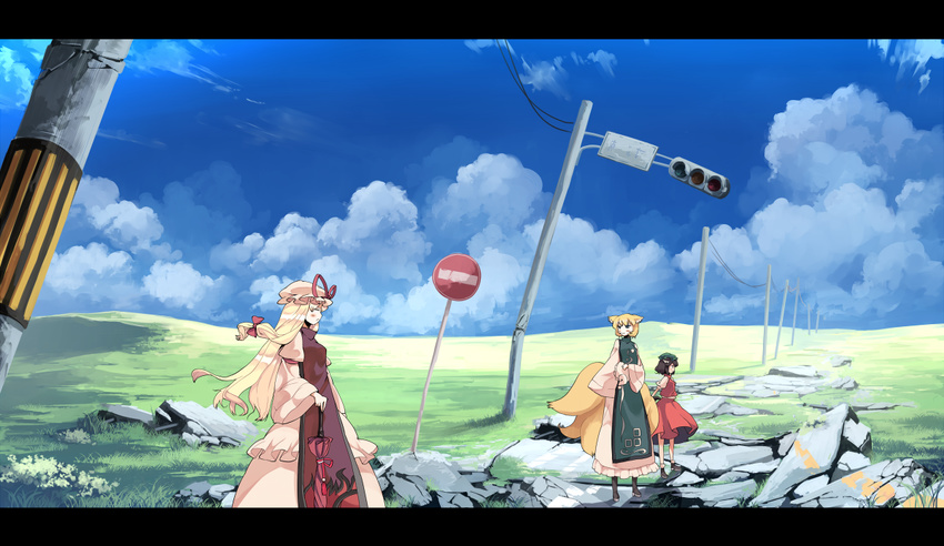 chen cloud day garnet hat hat_removed headwear_removed letterboxed multiple_girls scenery sign sky touhou traffic_light yakumo_ran yakumo_yukari