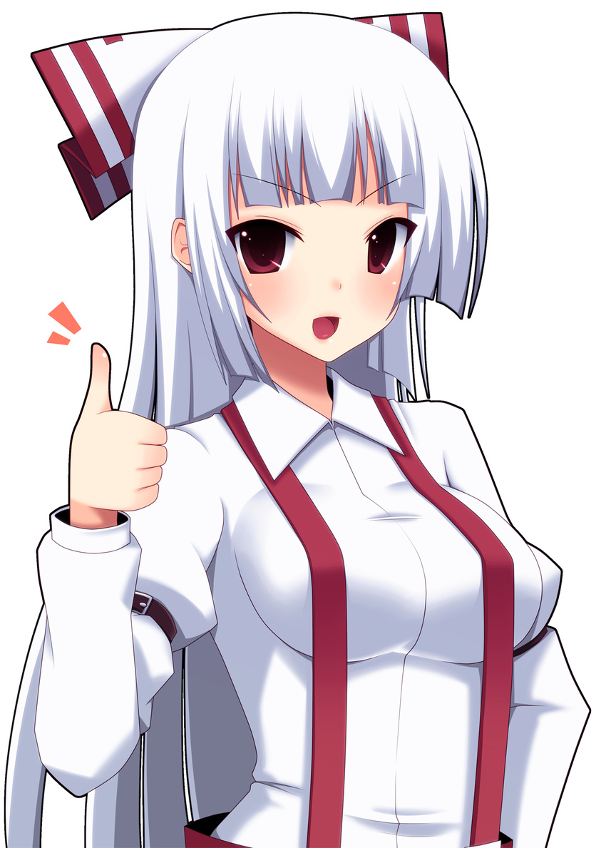 bad_id bad_pixiv_id blush bow fujiwara_no_mokou hair_bow hand_on_hip highres long_hair nase open_mouth pants red_eyes silver_hair smile solo suspenders thumbs_up touhou very_long_hair