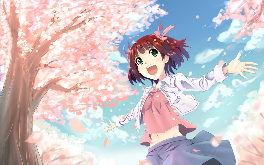 absurdres amami_haruka brown_hair cherry_blossoms green_eyes hair_ribbon highres idolmaster idolmaster_(classic) jacket midriff navel open_mouth outstretched_arms ribbon short_hair smile solo spread_arms tree yooguru