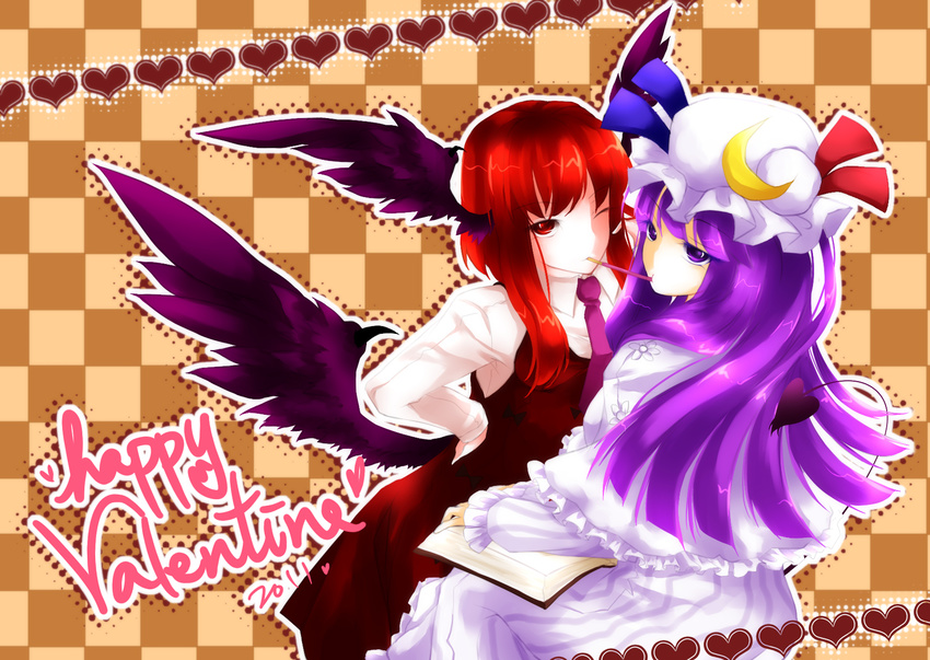 2girls alternate_wings black_wings book checkered checkered_background crescent demon_tail feathers food happy_valentine hat head_wings heart highres koakuma long_hair low_wings multiple_girls necktie one_eye_closed open_book patchouli_knowledge pocky pocky_kiss purple_eyes purple_hair r_murasaki red_eyes red_hair shared_food tail touhou valentine vest wings