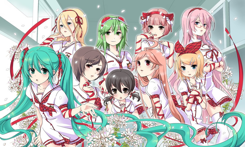 ahoge aqua_eyes aqua_hair bad_id bad_pixiv_id bespectacled black_hair blonde_hair blue_eyes brown_eyes brown_hair flower glasses goggles goggles_on_head green_eyes green_hair gumi hair_ornament hair_ribbon hairband hairclip hatsune_miku hiiro_(kikokico) kaai_yuki kagamine_rin lily_(vocaloid) long_hair megurine_luka meiko multiple_girls nekomura_iroha petals pink_hair red_eyes red_hair ribbon sf-a2_miki short_hair smile twintails very_long_hair vocaloid