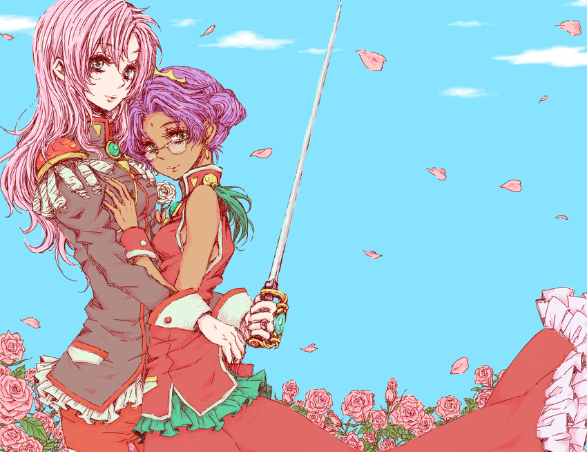 bad_id bad_pixiv_id blue_eyes dark_skin dress epaulettes flower glasses green_eyes himemiya_anthy long_hair multiple_girls petals pink_flower pink_hair pink_rose purple_hair rose rose_petals sakuo school_uniform shoujo_kakumei_utena sword tenjou_utena weapon