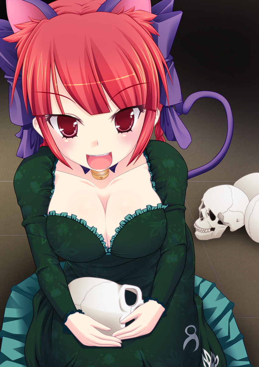 absurdres adapted_costume animal_ears braid breasts cat_ears cat_tail cleavage extra_ears fangs highres kaenbyou_rin large_breasts long_hair mutenka open_mouth red_eyes red_hair skull solo tail touhou twin_braids twintails