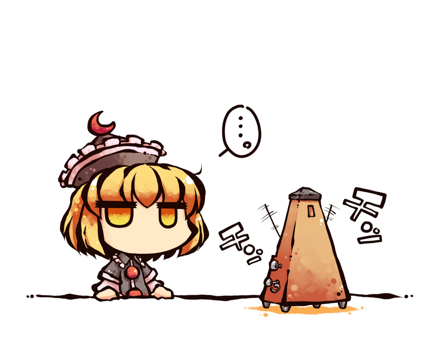 1girl blonde_hair chibi crescent expressionless hat jitome lunasa_prismriver metronome okome_(kome_kuma) simple_background solo touhou yellow_eyes