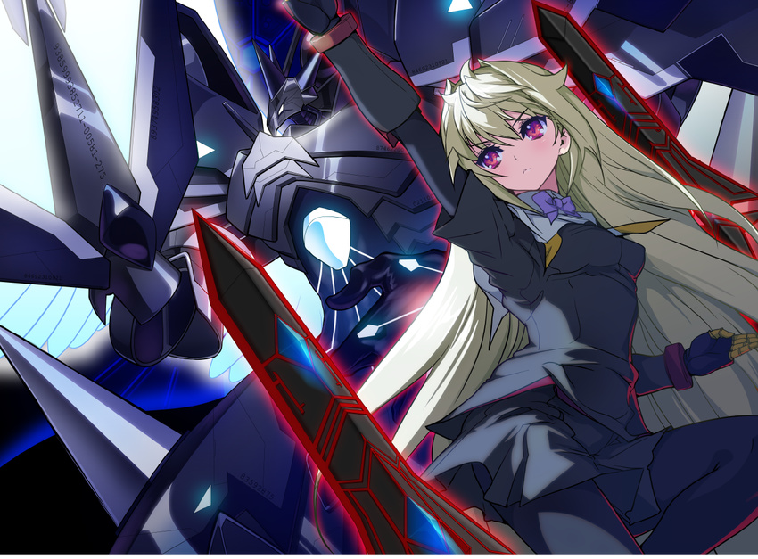 :&lt; akaga_hirotaka arcana_heart arcana_heart_3 arm_up bangs black_legwear blush bow bowtie bracer fighting_stance frown gloves glowing leg_up long_hair magic mecha official_art pantyhose red_eyes school_uniform skirt solo sword very_long_hair weapon weiss white_hair