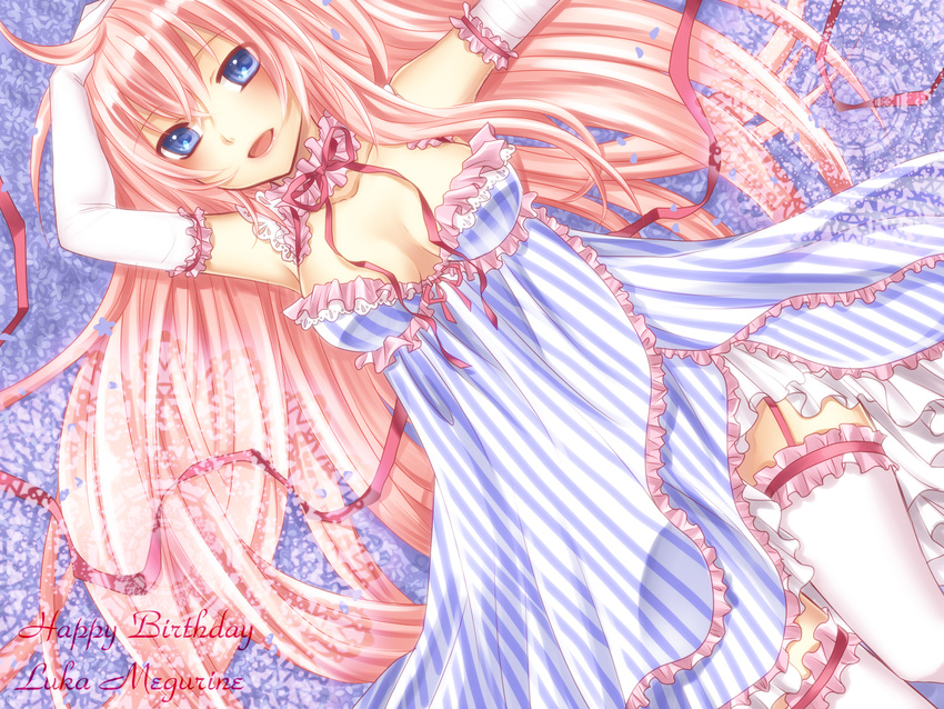 blue_eyes elbow_gloves gloves highres long_hair megurine_luka pink_hair smile solo thighhighs very_long_hair vocaloid yayoi_(egoistic_realism)
