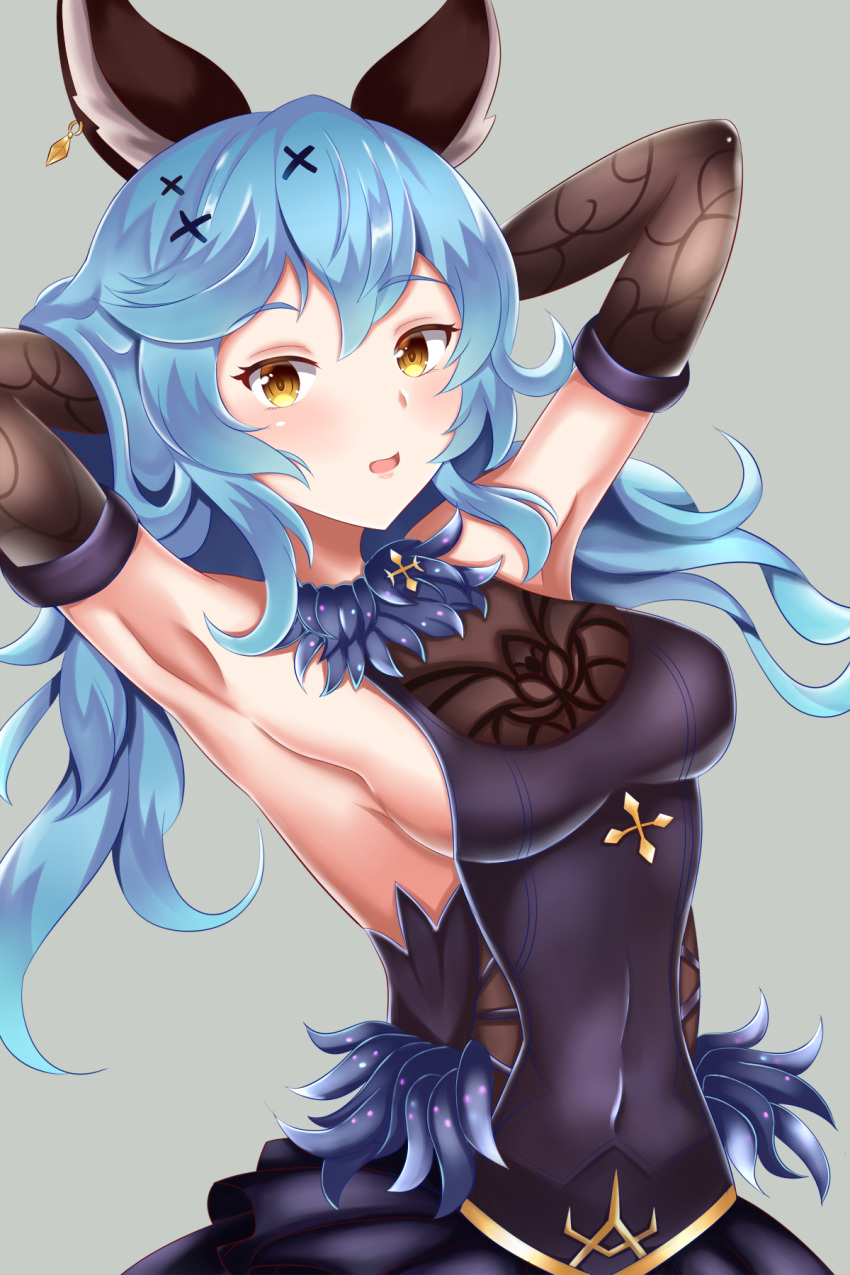 1girl animal_ears arlonn armpits arms_behind_head blue_hair breasts covered_navel ferry_(granblue_fantasy) granblue_fantasy grey_background hair_ornament highres long_hair looking_at_viewer medium_breasts open_mouth sideboob simple_background solo x_hair_ornament yellow_eyes