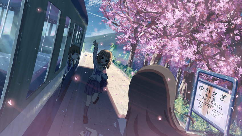 arm_up bag black_hair braid brown_eyes brown_hair cherry_blossoms flower ground_vehicle hair_flower hair_ornament hanasaku_iroha leg_up long_hair matsumae_ohana multiple_girls open_mouth oshimizu_nako petals running school_bag school_uniform serafuku short_hair shorts sign skirt smile train train_station tsurugi_minko twin_braids yakkun