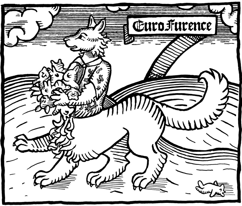 absurd_res canine eurofurence handful hi_res huge mbala plushie solo taur wolf woodblock woodcut