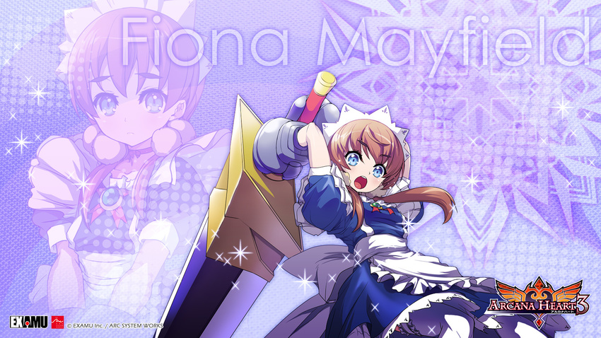 :o akaga_hirotaka apron arcana_heart arcana_heart_3 armor armored_dress arms_behind_head blue_eyes blush brooch brown_hair character_name choker copyright_name dress fighting_stance fiona_mayfield flat_chest garters gauntlets hair_bobbles hair_ornament highres huge_weapon jewelry logo long_hair maid maid_headdress official_art open_mouth solo sparkle standing sword thighhighs twintails wallpaper weapon white_legwear