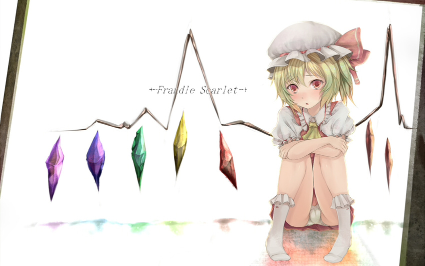 :o ascot bare_legs blonde_hair blush crystal flandre_scarlet hat panties pantyshot pantyshot_(sitting) red_eyes short_hair side_ponytail sitting socks solo touhou underwear vicsen-u5 waves white_legwear white_panties wings