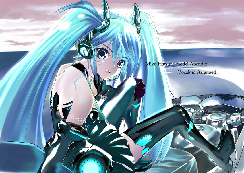 bad_id bad_pixiv_id blue_eyes blue_hair boots cloud elbow_gloves gloves hatsune_miku hatsune_miku_(append) headphones headset hekiten highres long_hair sitting skirt solo thigh_boots thighhighs twintails very_long_hair vocaloid vocaloid_append