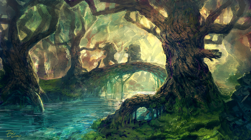 backpack bag branch bridge dannoura_yuuki fog forest grass hat log male_focus multiple_boys nature original river signature sunlight swamp tree water