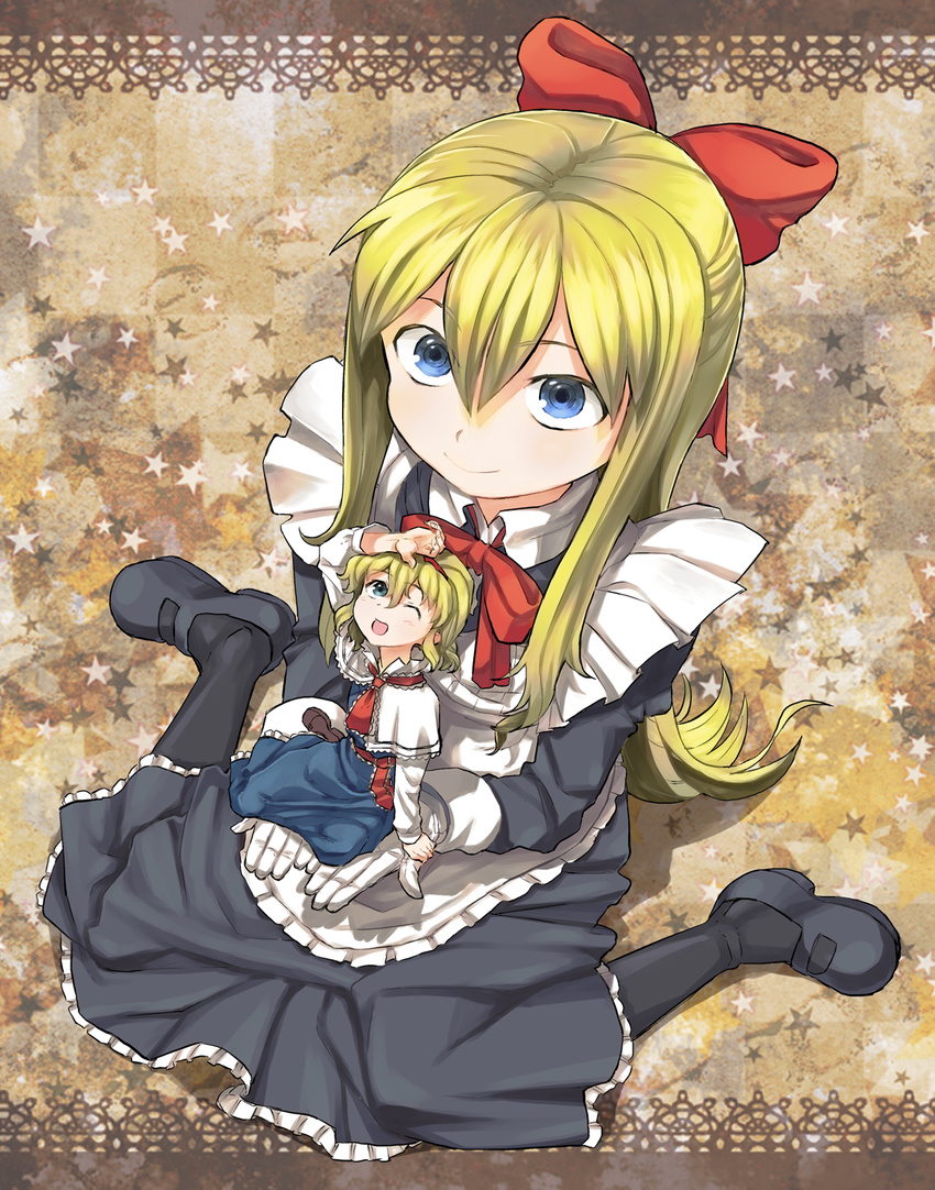 abua alice_margatroid blonde_hair blue_eyes capelet doll dress giantess goliath_doll hairband highres long_hair mary_janes multiple_girls one_eye_closed pantyhose shoes short_hair sitting touhou wariza