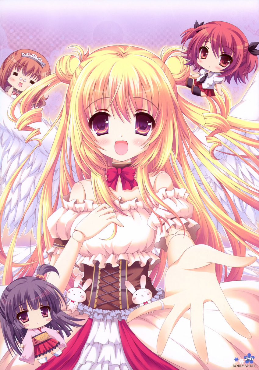 :d =_= beckoning blonde_hair blush blush_stickers bow bunny chibi doll_joints dress foreshortening glasses highres jewelry long_hair multiple_girls necktie open_mouth original outstretched_arm outstretched_hand purple_hair ring shoes skirt smile stuffed_animal stuffed_toy thighhighs tsukishima_yuuko twintails