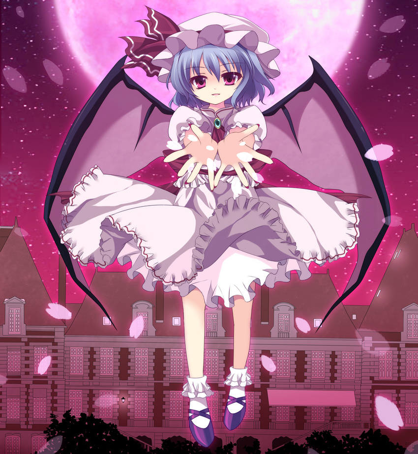 absurdres bad_id bad_pixiv_id bat_wings blue_hair dress full_moon hat highres marotti moon outstretched_hand pink_dress red_eyes remilia_scarlet scarlet_devil_mansion smile solo touhou wings