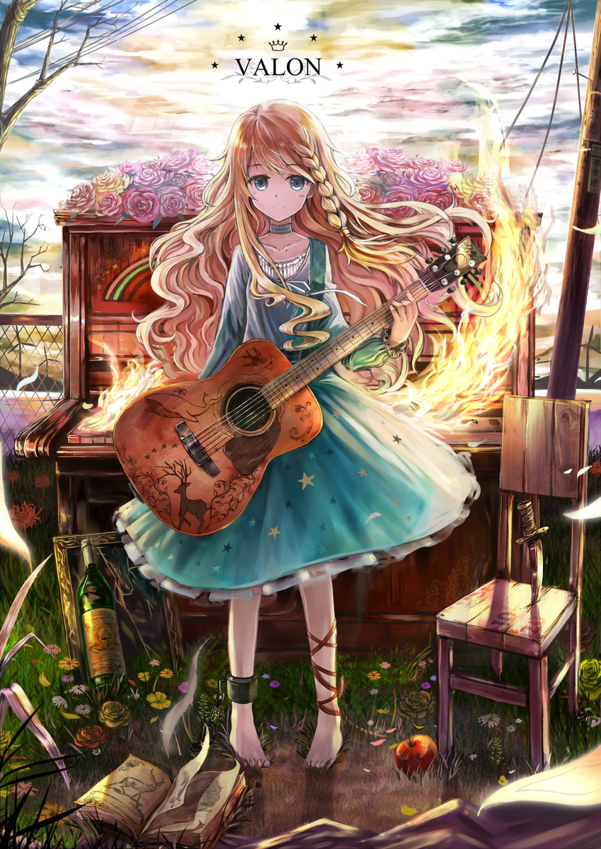 acoustic_guitar akabane_(zebrasmise) alcohol ankle_cuffs ankle_lace-up apple barefoot blonde_hair blue_eyes braid chair choker collarbone cross-laced_footwear dagger dress flower food fruit guitar highres instrument light_smile long_hair md5_mismatch original piano pigeon-toed side_braid solo star star_print wavy_hair weapon wine
