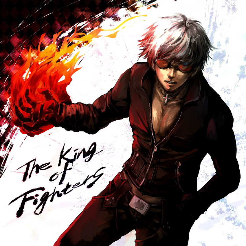 bad_id bad_pixiv_id fire hand_in_pocket highres jewelry k' male_focus necklace pyrokinesis senano-yu solo sunglasses the_king_of_fighters white_hair