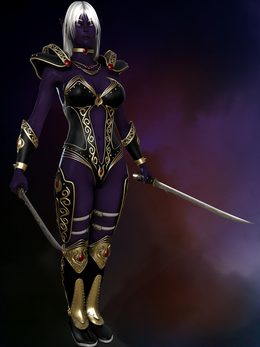 3d armor cgi drow elf female grey_hair purple_skin sahiryr_gemdreamer solo sword warrior weapon