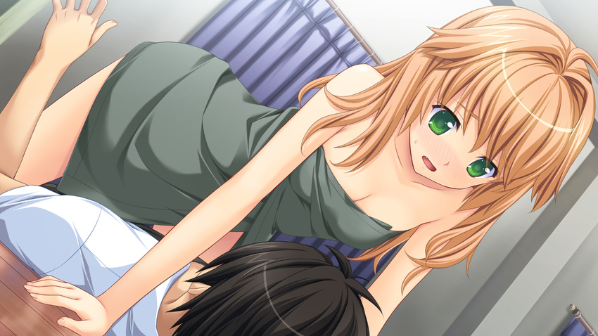 blonde_hair blush cleavage game_cg green_eyes hatsukoi_sacrament purple_software tagme towel