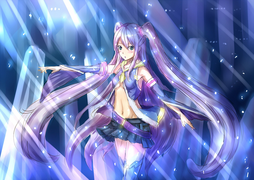 aqua_eyes bad_id bad_pixiv_id blush breasts detached_sleeves highres kazeno long_hair medium_breasts midriff miniskirt navel open_mouth original purple_hair skirt solo standing thighhighs twintails underboob very_long_hair