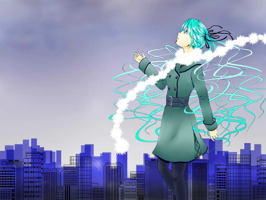 blue_eyes blue_hair cityscape cloud cloudy_sky hatsune_miku jacket looking_up ribbon ribbons scarf sky twintails vocaloid