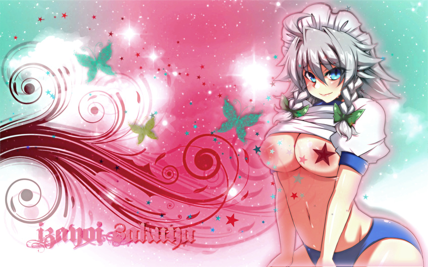 1680x1050 1girl blue_hair braids breasts buruma character_name female gimp gym_uniform highres izayoi_sakuya large_breasts no_bra shirt_lift solo star tajima_yuuki touhou wallpaper