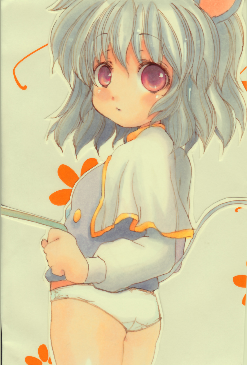 animal_ears blush buttons dowsing_rod flower grey_hair highres mouse_ears nazrin nishina_masato no_pants panties red_eyes short_hair solo touhou traditional_media underwear white_panties