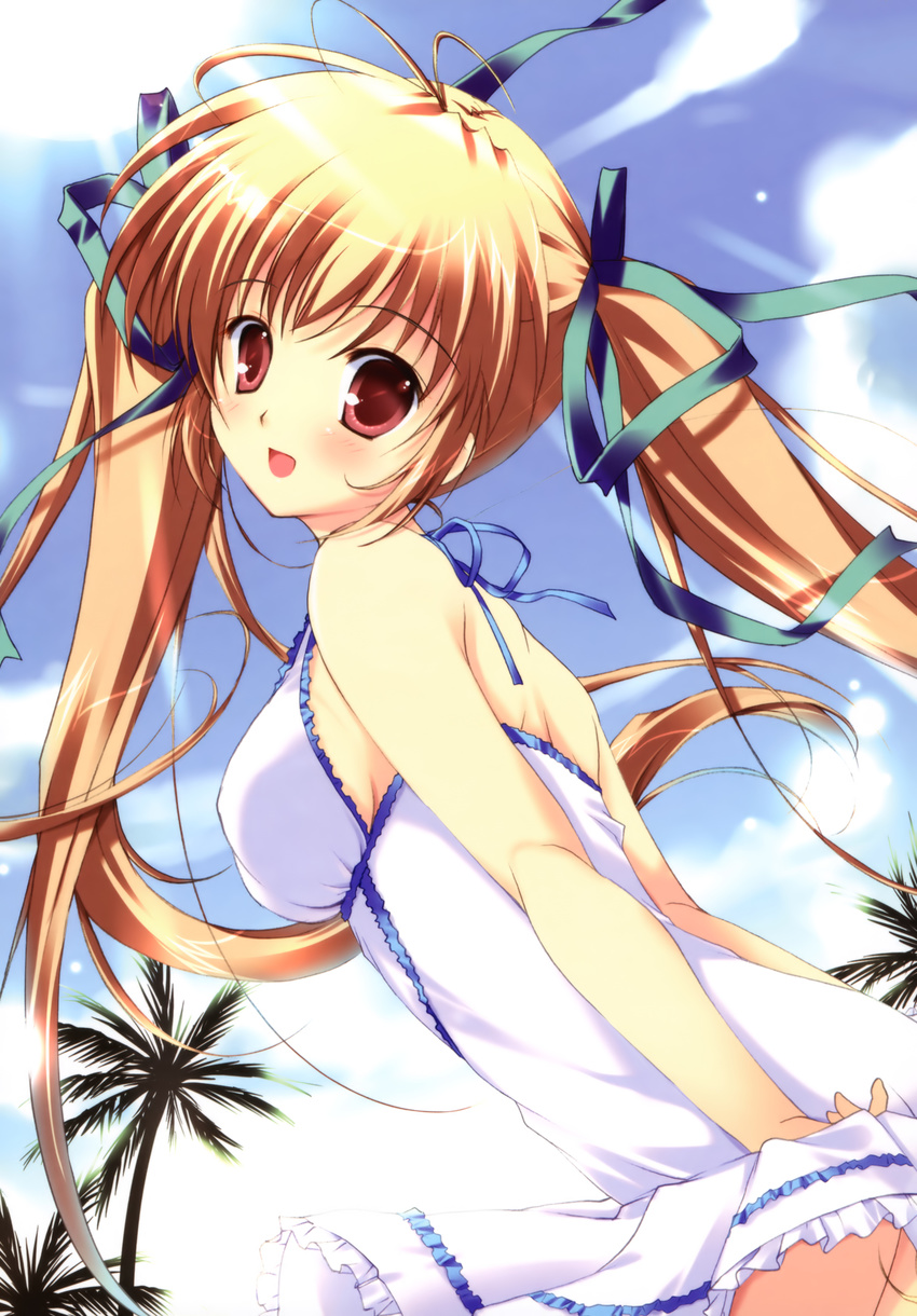 :d absurdres breasts brown_eyes brown_hair copyright_request day dress highres long_hair medium_breasts mikeou open_mouth ribbon sideboob sky smile solo tree twintails