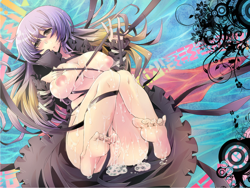 areolae asai_ichiko barefoot blonde_hair breasts cum cumdrip dress feet gradient_hair highres hijiri_byakuren large_areolae large_breasts long_hair multicolored_hair open_clothes open_dress purple_hair pussy solo sorcerer's_sutra_scroll touhou two-tone_hair yellow_eyes