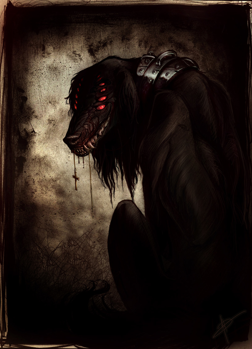 &dagger; alucard blood canine check_source collar dog female hellsing multiple_eyes red_eyes unknown_artist