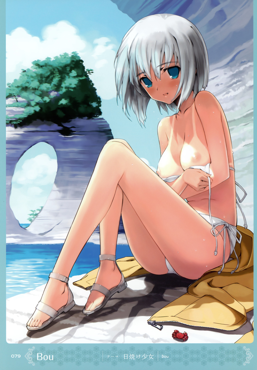 1girl absurdres bikini bikini_tan blue_eyes blush bou breast_hold breasts cleavage cliff crab crustacean face feet highres jacket legs nipples ocean original outdoors sandals short_hair side-tie_bikini sitting smile solo swimsuit tan tanline untied white_hair