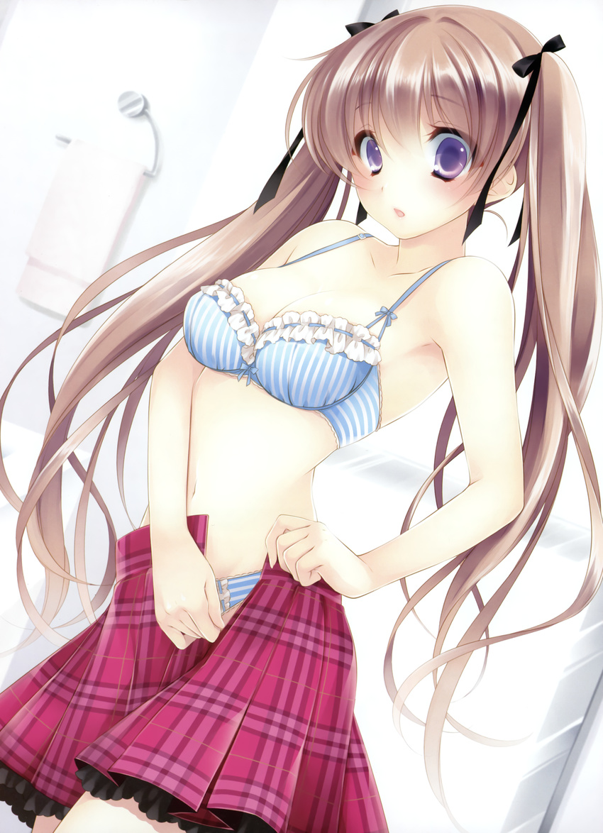 absurdres ayase_hazuki bra breasts cleavage copyright_request hair_ribbon highres image_sample lingerie long_hair medium_breasts navel open_clothes open_skirt panties plaid plaid_skirt pleated_skirt purple_eyes ribbon skirt solo striped striped_bra striped_panties twintails underwear undressing vertical_stripes very_long_hair yandere_sample
