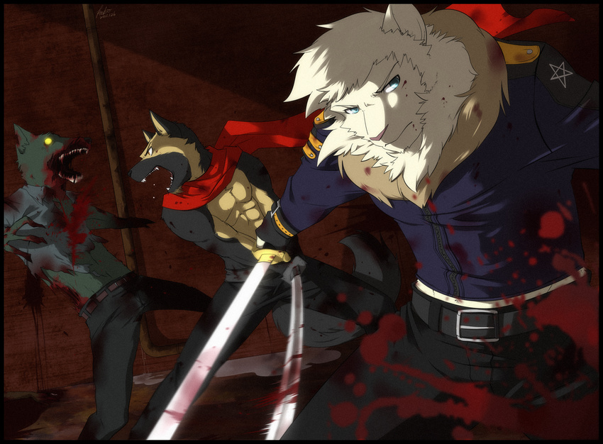 battle blood canine dog feline katana kubikitsune lion mammal scarf sword undead weapon zombie