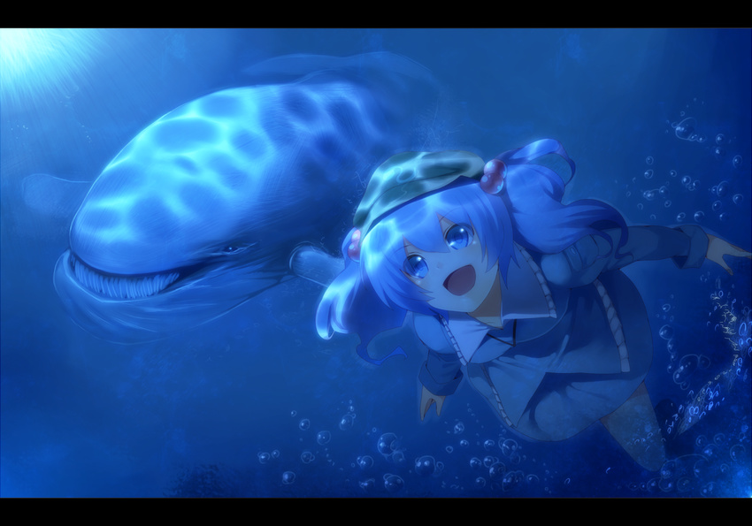 :d baleen blue blue_eyes blue_hair bubble caustics freediving hair_bobbles hair_ornament hat irohara_mitabi kawashiro_nitori letterboxed open_mouth short_hair smile solo swimming touhou two_side_up underwater whale