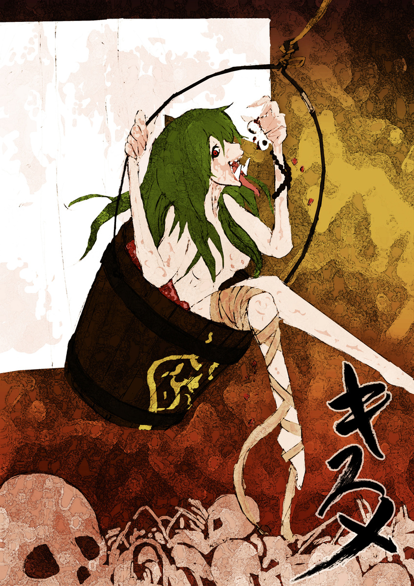 absurdres alternate_hairstyle bandages barefoot bone bucket eyeball fang green_hair highres horror_(theme) in_bucket in_container kisume long_hair nude older open_mouth red_eyes skeleton skull solo sonjow4 tongue touhou youkai