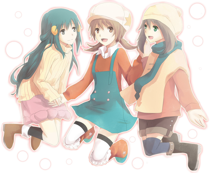 3girls haruka_(pokemon) highres hikari_(pokemon) kotone_(pokemon) multiple_girls pokemon pokemon_(game) pokemon_hgss winter_clothes