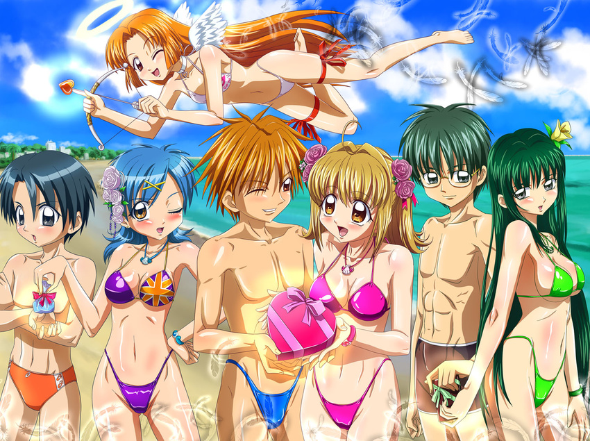 4girls angel ankoku_tiger arrow beach bikini blush bow_(weapon) breasts cleavage cupid day doumoto_kaito flag_print glasses green_bikini hamasaki_masahiro highleg highleg_bikini highleg_swimsuit houshou_hanon lipstick_mark male_swimwear mermaid_melody_pichi_pichi_pitch multiple_boys multiple_girls nanami_lucia official_style one_eye_closed pink_bikini print_bikini purple_bikini seira_(mermaid_melody_pichi_pichi_pitch) shirai_nagisa small_breasts smile swim_briefs swim_trunks swimsuit swimwear touin_rina union_jack valentine weapon white_bikini wings